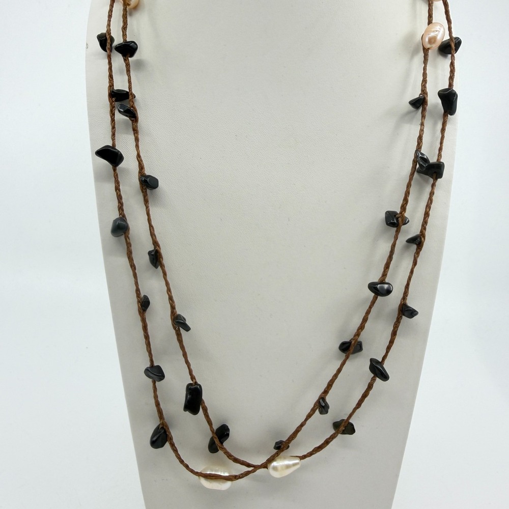 Y2K Boho Leather Cord Necklace with Black Stone & Pearl Accents